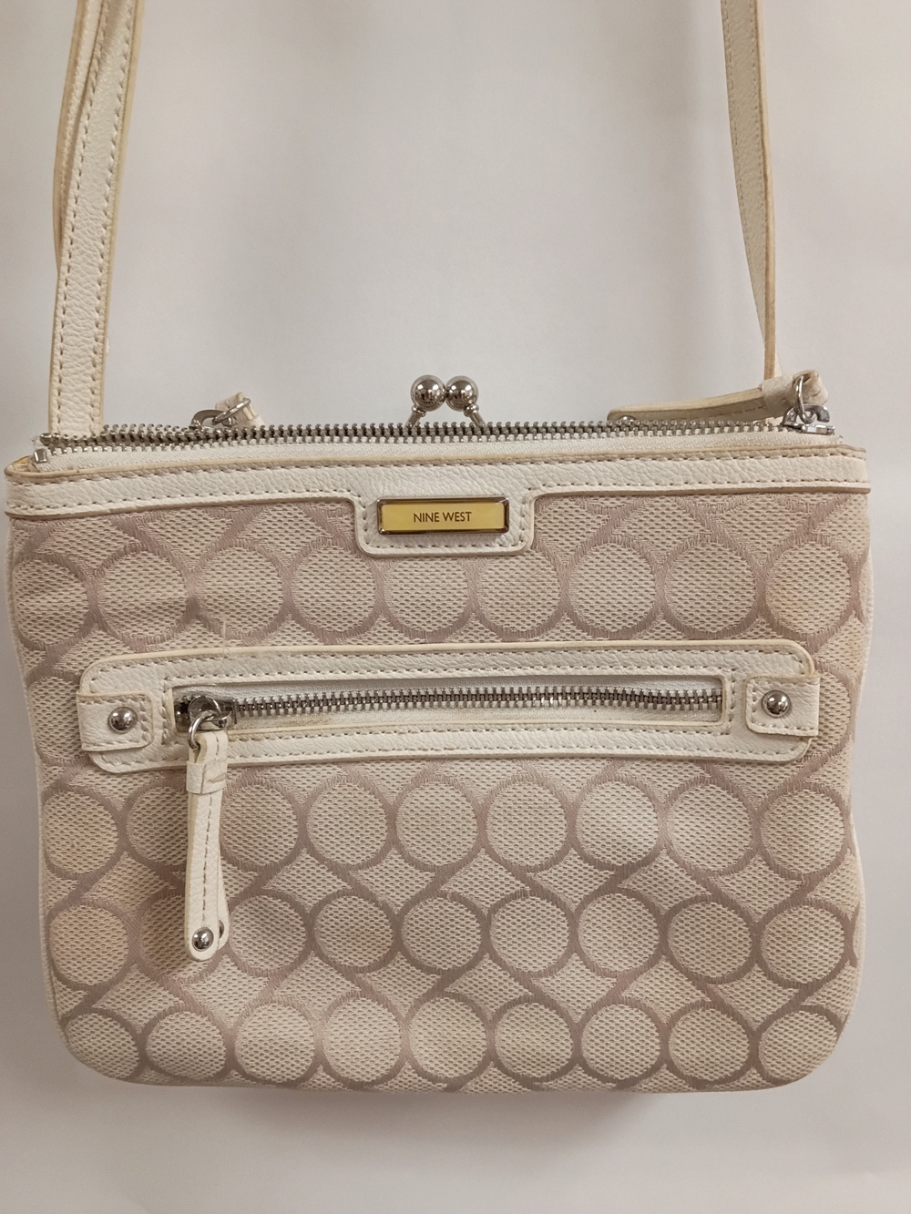 Nine West Kisslock Beige and Cream Circle Jacquard Crossbody Bag